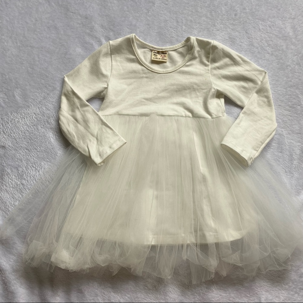 Tutu Dress Long Sleeve Princess Infant Tulle Sundress - Ivory/white